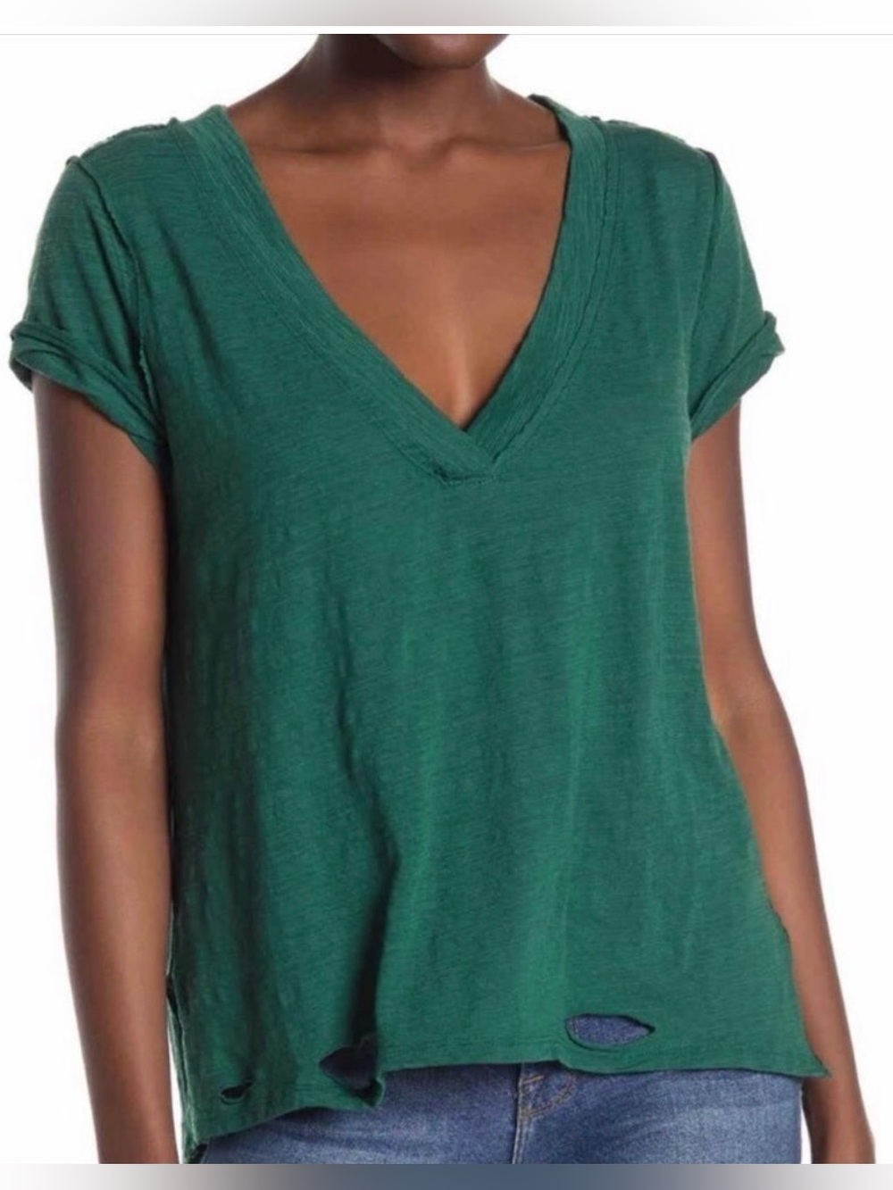 We The Free V-Neck Slub Distressed Green Tee , Small